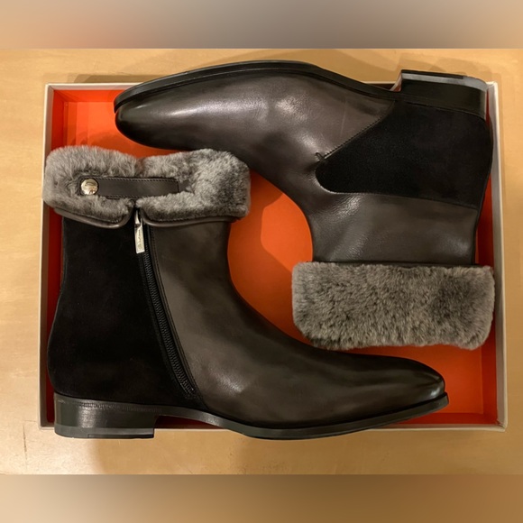 ~One Of a Kind~ SANTONI FUR LINED DRESS BOOTS LEATHER SUEDE BLACK NEW IN BOX 7.5 - Picture 2 of 10